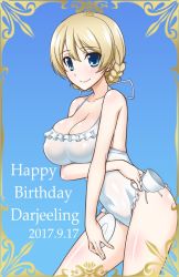 Rule 34 | 1girl, blonde hair, blue eyes, braid, breast hold, breasts, cleavage, closed mouth, commentary, covered navel, cup, darjeeling (girls und panzer), dated, english text, frilled swimsuit, frills, girls und panzer, halterneck, happy birthday, holding, holding cup, holding saucer, koishikawa, large breasts, leaning forward, looking at viewer, one-piece swimsuit, saucer, short hair, side-tie swimsuit, smile, solo, standing, swimsuit, teacup, twin braids, white one-piece swimsuit