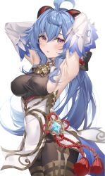 Rule 34 | 1girl, ahoge, armpits, arms up, bell, blue hair, blush, bodystocking, bodysuit, bodysuit under clothes, bow, breasts, brown bodysuit, brown legwear, cameltoe, chinese knot, commentary request, covered erect nipples, covered navel, cowboy shot, crotch, detached sleeves, flower knot, ganyu (genshin impact), genshin impact, gold trim, hair between eyes, highres, horns, long hair, long sleeves, looking at viewer, low ponytail, medium breasts, neck bell, paid reward available, parted lips, pelvic curtain, purple eyes, red rope, rope, sg (satoumogumogu), sideboob, sidelocks, solo, standing, sweat, tassel, thighlet, thighs, very long hair, vision (genshin impact), waist cape, white sleeves
