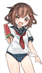 Rule 34 | 1girl, anchor symbol, black sailor collar, blue one-piece swimsuit, brown eyes, brown hair, fang, food, hair ornament, hairclip, highres, ikazuchi (kancolle), kantai collection, kaomoji (sagor00237), looking at viewer, neckerchief, no pants, one-piece swimsuit, popsicle, red neckerchief, sailor collar, sailor shirt, school swimsuit, school uniform, serafuku, shirt, short hair, simple background, skin fang, solo, standing, swimsuit, swimsuit under clothes, tied shirt, watermelon bar, wet, wet clothes, wet swimsuit, white background