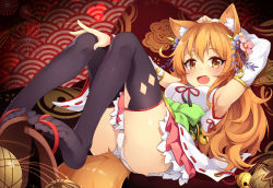 Rule 34 | 1girl, 3.14, animal ears, arm behind head, arm up, armpits, ass, bell, black thighhighs, brown eyes, brown hair, clothes between thighs, corinne (shironeko project), detached sleeves, dog ears, dog tail, fang, feet, flower, hair flower, hair ornament, highres, japanese clothes, jingle bell, kimono, leg lift, long hair, lying, miko, obi, on back, open mouth, panties, sandals, sash, seigaiha, shironeko project, shoe dangle, skirt, smile, solo, tail, thighhighs, toes, underwear, white panties, yukata