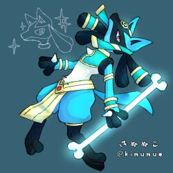 Rule 34 | 1boy, animal ears, animal feet, animal hands, armlet, artist name, black fur, blue background, blue fur, blue theme, body fur, bone, bracelet, clothed pokemon, creatures (company), crop top, egyptian clothes, full body, furry, furry male, game freak, gen 4 pokemon, glowing, green shirt, head back, highres, holding, holding bone, jewelry, kinunuko, looking at viewer, lucario, lucario (ruins), male focus, multicolored fur, multiple views, nintendo, partially colored, pelvic curtain, pokemon, pokemon (creature), pokemon unite, red eyes, shirt, simple background, sleeveless, sleeveless shirt, snout, sparkle, spikes, tail, twitter username, watermark, white fur, wolf boy, wolf ears, wolf tail