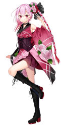 Rule 34 | 1girl, black footwear, blush, boots, braid, brown skirt, cevio, choker, corset, cross-laced footwear, detached sleeves, closed eyes, floral print, flower, full body, hair flower, hair ornament, hair ribbon, hair scrunchie, hand up, high heel boots, high heels, highres, japanese clothes, kimono, knee boots, lace-up boots, leg up, long hair, looking at viewer, miniskirt, official art, pink eyes, pink flower, pink hair, pink kimono, pink rose, pink sleeves, pleated skirt, ribbon, rosa (cevio), rose, rose print, scrunchie, side braid, skirt, sleeveless, sleeveless kimono, smile, solo, standing, standing on one leg, w, white background, wide sleeves, yoshida iyo