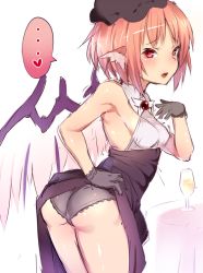 Rule 34 | ..., 1girl, alternate costume, animal ears, ass, ayagi daifuku, bare arms, bird wings, black gloves, black panties, blush, bow, bowtie, clothes lift, colorized, dress, gloves, hat, heart, high-waist skirt, looking at viewer, looking back, mob cap, mystia lorelei, panties, pink hair, red eyes, short hair, simple background, sketch, skirt, skirt lift, sleeveless, smile, solo, speech bubble, touhou, underwear, white background, wings