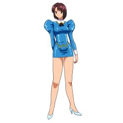 Rule 34 | 1990s (style), 1girl, agent aika, aika (series), ascot, black ascot, black background, blue delmo, blue delmo t, breasts, brown hair, delmo, derivative work, dress, full body, highres, huge filesize, legs, looking at viewer, medium breasts, pencil skirt, retro artstyle, short dress, short hair, simple background, skin tight, skirt, solo, standing, thighs, transparent background, turnip007