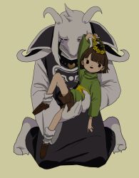 Rule 34 | 1boy, 1other, age difference, asriel dreemurr, blush, bob cut, brown footwear, brown hair, brown pants, carrying, carrying person, chara (undertale), closed eyes, crying, dress, flower, furry, furry male, green shirt, heart, heart necklace, horns, jewelry, long sleeves, medium hair, multicolored shirt, necklace, pants, purple dress, semi kon, shirt, tail, turtleneck, undertale, white fur, yellow shirt