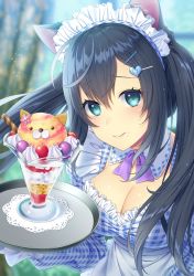 Rule 34 | 1girl, aimori meguru, animal ear fluff, animal ears, bad id, bad pixiv id, black hair, blurry, blurry background, blush, breasts, cat ears, cleavage, closed mouth, commentary request, depth of field, detached collar, doily, dress, food, food on face, gingham, gingham dress, green eyes, hair between eyes, hair ornament, hairclip, heart, heart hair ornament, highres, holding, holding tray, ice cream, juliet sleeves, long hair, long sleeves, maid headdress, medium breasts, original, parfait, puffy sleeves, smile, solo, tray, twintails, wafer stick