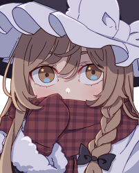 Rule 34 | 1girl, absurdres, black bow, black hat, blonde hair, blush, bow, braid, commentary, fur-trimmed sleeves, fur trim, hair between eyes, hair bow, hat, hat bow, highres, kame (kamepan44231), kirisame marisa, long hair, long sleeves, mittens, one-hour drawing challenge, portrait, red mittens, red scarf, scarf, simple background, single braid, solo, star (symbol), star in eye, straight-on, symbol in eye, touhou, white background, white bow, witch hat, yellow eyes