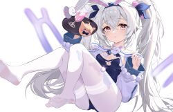 Rule 34 | 1girl, absurdres, animal ears, ass, azur lane, blue leotard, breasts, cleavage, cleavage cutout, clothing cutout, commentary, crossed bangs, fake animal ears, feet, grey hair, hair between eyes, highres, holding, holding tray, laffey (azur lane), laffey ii (azur lane), laffey ii (sleepy on a busy day) (azur lane), leotard, long hair, manjuu (azur lane), medium breasts, pantyhose, parted lips, pink eyes, rabbit ears, shrug (clothing), simple background, soles, solo, thighband pantyhose, thighs, tns-yoru, toes, tray, very long hair, white background, white pantyhose, white shrug