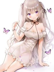 Rule 34 | 1girl, arm support, bad id, bad pixiv id, bare shoulders, black ribbon, blue butterfly, blush, breasts, bug, butterfly, choker, collarbone, commentary request, detached sleeves, dress, frilled dress, frilled sleeves, frills, grey hair, hair ribbon, hand up, highres, insect, long hair, looking at viewer, medium breasts, off shoulder, original, petals, pink butterfly, pink ribbon, purple eyes, ribbon, ribbon choker, short sleeves, simple background, sleeveless, sleeveless dress, smile, solo, strapless, strapless dress, twintails, weri, white background, white dress