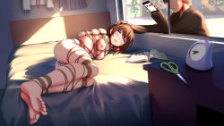 Rule 34 | 1boy, 1girl, alarm clock, arms behind back, ball gag, barefoot, bdsm, bed, bedroom, blue eyes, blush, bondage, book, bound, bound arms, bound legs, breast bondage, breasts, brother and sister, brown hair, cellphone, clock, commentary, crotch rope, crying, crying with eyes open, dutch angle, faceless, faceless male, feet, gag, gag around neck, hand on another&#039;s head, highres, himitsu (hi mi tsu 2), indoors, legs together, long sleeves, lying, medium breasts, morning, nipples, on bed, on side, open book, open mouth, open window, original, panties, phone, restrained, rope, scissors, shibari, short hair, siblings, skindentation, skirt, smartphone, soles, striped clothes, striped panties, sunlight, tears, toes, topless, underwear, underwear only, unworn gag, unworn shirt, unworn skirt, wedgie, wiffle gag, window