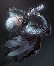 Rule 34 | 1boy, black coat, black footwear, black gloves, black pants, coat, commentary request, devil may cry (series), devil may cry 5, eyelashes, fingerless gloves, full body, gloves, grey background, grey eyes, highres, holding, holding sheath, holding sword, holding weapon, long sleeves, male focus, open clothes, open coat, open mouth, pants, sheath, shoes, short hair, simple background, solo, spiked hair, sword, talgi, teeth, unsheathing, vergil (devil may cry), weapon, white hair, yamato (sword)