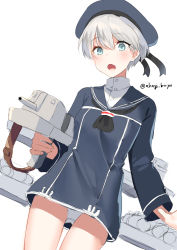 Rule 34 | 1girl, adapted turret, akagi kurage, blue dress, blue eyes, blue hat, cannon, clothes writing, dress, hat, highres, kantai collection, looking at viewer, machinery, panties, pantyshot, sailor dress, sailor hat, short hair, silver hair, simple background, solo, turret, twitter username, underwear, white background, white panties, z1 leberecht maass (kancolle)