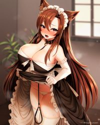 Rule 34 | 1girl, alternate costume, animal ears, bare shoulders, black collar, black dress, blurry, blurry background, blush, breasts, brown hair, cameltoe, cleavage, clothes lift, collar, dress, dress lift, elbow gloves, enmaided, fang, gloves, huge breasts, imaizumi kagerou, leash, lifting own clothes, long hair, looking at viewer, maid, maid headdress, marota, nose blush, open mouth, panties, red eyes, skin fang, solo, standing, sweat, tears, thighhighs, touhou, twitter username, underwear, white gloves, white panties, white thighhighs, wolf ears
