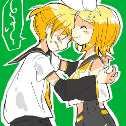 Rule 34 | 1boy, 1girl, 7:24, ^ ^, arms at sides, bare shoulders, blonde hair, blue eyes, blush, blush stickers, bow, brother and sister, clenched teeth, closed eyes, crop top, detached sleeves, embarrassed, closed eyes, hair bow, hair ornament, hairclip, imminent hug, kagamine len, kagamine rin, looking down, midriff, necktie, nervous, sailor collar, shirt, short hair, short ponytail, shorts, siblings, sketch, sleeveless, sleeveless shirt, smile, spoken squiggle, squiggle, sweatdrop, teeth, twins, vocaloid, waiting, yellow neckwear