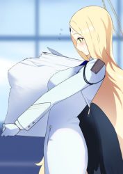 Rule 34 | 1girl, 80kc, ayumu (blue archive), black wings, blonde hair, blue archive, blush, breasts, facial mark, flying sweatdrops, forehead mark, from side, gloves, green eyes, highres, holding, holding paper, large breasts, long hair, long sleeves, low wings, paper, paper stack, profile, solo, sweat, very long hair, white gloves, wings