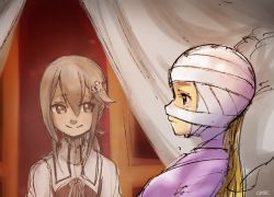 Rule 34 | 10s, 2girls, bandaged head, bandages, blonde hair, brown eyes, brown hair, closed mouth, crying, crying with eyes open, curtains, flower, hair between eyes, hair flower, hair ornament, japanese clothes, kimono, komuzuka, long hair, looking at another, low ponytail, lying, minowa gin, multiple girls, nogi sonoko, on back, pillow, profile, school uniform, sketch, smile, spoilers, tears, washio sumi wa yuusha de aru, yukata, yuuki yuuna wa yuusha de aru, yuusha de aru