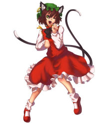 Rule 34 | 1girl, animal ears, bad id, bad pixiv id, brown hair, cat ears, cat girl, cat tail, chen, dress, earrings, female focus, full body, hat, jewelry, mary janes, multiple tails, one eye closed, shoes, short hair, simple background, solo, tail, touhou, white background, wink, yellow eyes, yuru (kashima)