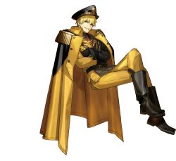 Rule 34 | 1boy, belt, black footwear, black gloves, black hat, black shirt, blonde hair, boots, cape, crossed arms, earrings, epaulettes, fate/extra, fate/extra ccc, fate/stay night, fate (series), full body, gilgamesh (fate), gloves, grin, hair between eyes, hat, high collar, highres, jewelry, long sleeves, looking at viewer, male focus, military, military hat, military uniform, necktie, official alternate costume, official art, pants, peaked cap, promotional art, red eyes, red necktie, shirt, smile, solo, tachi-e, transparent background, uniform, wada arco, yellow cape, yellow pants
