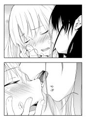 Rule 34 | 2girls, biting, blush, close-up, commentary request, ear piercing, closed eyes, greyscale, heavy breathing, highres, kiss, kissing cheek, monochrome, multiple girls, nose bite, original, parted lips, piercing, teeth, tongue, upper teeth only, yui 7, yuri