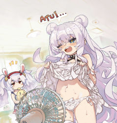 Rule 34 | 2girls, animal ears, azur lane, bare shoulders, blue eyes, bow, bow panties, camisole, clothes lift, criss-cross halter, double bun, dress, dress lift, dutch angle, electric fan, fanning crotch, fanning self, gluteal fold, groin, hair between eyes, hair bun, hairband, halterneck, indoors, itsuki tasuku, laffey (azur lane), le malin (azur lane), le malin (sleepy sunday) (azur lane), long hair, multiple girls, navel, one eye closed, open mouth, panties, pleated skirt, rabbit ears, red eyes, red hairband, red skirt, romaji text, round teeth, side-tie panties, silver hair, skirt, sleeveless, sleeveless dress, sweat, teeth, twintails, underwear, upper teeth only, very long hair, white camisole, white panties