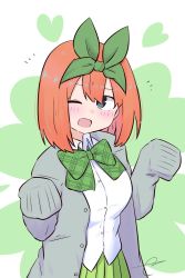Rule 34 | 1girl, ;d, blue eyes, blush, bow, breasts, collared shirt, commentary request, dress shirt, eyebrows hidden by hair, go-toubun no hanayome, green background, green bow, green ribbon, green skirt, grey jacket, hair between eyes, hair ribbon, hands up, heart, highres, jacket, kujou karasuma, long sleeves, looking at viewer, medium breasts, nakano yotsuba, one eye closed, open clothes, open jacket, open mouth, orange hair, pleated skirt, ribbon, shirt, short hair, signature, skirt, sleeves past fingers, sleeves past wrists, smile, solo, two-tone background, white background, white shirt