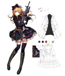 Rule 34 | 1girl, ascot, black bow, black footwear, blonde hair, boots, bow, catbell, color guide, flower, frilled skirt, frills, fur collar, green eyes, gun, hair bow, hair flower, hair ornament, highres, holding, holding gun, holding weapon, jacket, knee boots, layered skirt, long hair, long sleeves, looking at viewer, original, parted lips, simple background, skirt, solo, standing, weapon, white background