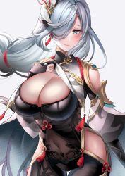 Rule 34 | 1girl, blue eyes, blue nails, blush, bodysuit, braid, breasts, bridal gauntlets, chinese clothes, cleavage, closed mouth, commentary, commentary request, covered navel, earrings, english commentary, floating hair, genshin impact, hair ornament, hair over one eye, hand on own chest, hand up, highres, hip vent, jewelry, large breasts, long hair, looking at viewer, low-braided long hair, low-tied long hair, mixed-language commentary, nail polish, revision, shenhe (genshin impact), silver hair, simple background, solo, tassel, tassel earrings, thigh gap, yukinimaru