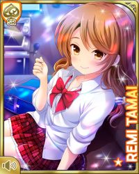 Rule 34 | 1girl, bench, bow, bowtie, brown eyes, brown hair, card (medium), closed mouth, girlfriend (kari), indoors, karaoke, looking at viewer, low twintails, microphone, night, official art, plaid, plaid skirt, pleated skirt, qp:flapper, red bow, red skirt, school, school uniform, shirt, sitting, skirt, smile, socks, solo, tagme, tamai remi, twintails, white shirt