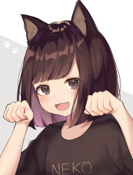 Rule 34 | 1girl, 1ssakawaguchi, absurdres, animal ear fluff, animal ears, animal print, bad id, bad pixiv id, black eyes, blush, bob cut, brown hair, cat ears, cat print, clothes writing, collarbone, colored inner hair, commentary request, grey background, hands up, highres, looking at viewer, multicolored hair, nail polish, open mouth, original, paw pose, paw print, paw print background, pink hair, red nails, shirt, short hair, short sleeves, smile, solo, two-tone background, upper body, white background