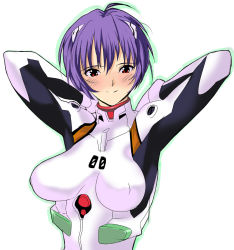 Rule 34 | 1girl, ahoge, arms up, ayanami rei, baba arumi, bad id, bad pixiv id, blue hair, blush, bodysuit, breasts, female focus, interface headset, large breasts, neon genesis evangelion, plugsuit, red eyes, short hair, simple background, smile, solo, upper body, white background