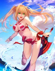 Rule 34 | 1girl, :d, ahoge, bare shoulders, bikini, blonde hair, blue sky, blush, breasts, day, eisuto, fate/grand order, fate (series), green eyes, hair intakes, highres, holding, holding sword, holding weapon, large breasts, leg up, looking at viewer, navel, nero claudius (fate), nero claudius (fate) (all), nero claudius (swimsuit caster) (fate), ocean, open mouth, red bikini, scrunchie, sky, smile, solo, stomach, striped bikini, striped clothes, swimsuit, sword, twintails, weapon, wrist scrunchie