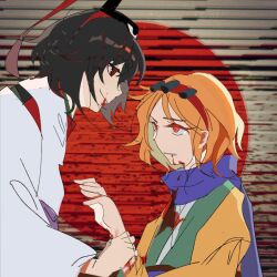 Rule 34 | 2others, androgynous, ascot, black hair, blood, blood on clothes, blood on face, blood on hands, blue scarf, chinese commentary, closed mouth, cocopalm, commentary request, detached sleeves, green kimono, hairband, highres, holding another&#039;s wrist, jacket, japanese clothes, kimono, len&#039;en, long sleeves, multiple others, open clothes, open jacket, orange eyes, orange hair, other focus, red eyes, red hairband, scarf, senri tsurubami, shirt, short hair, sketch, smile, white shirt, yellow ascot, zuifeng tenkai