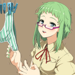 Rule 34 | + +, 1girl, bad id, bad pixiv id, bespectacled, blush, couzone, female pervert, glasses, green eyes, green hair, gumi, matching hair/eyes, nail polish, open mouth, panties, pervert, short hair, simple background, solo, striped clothes, striped panties, symbol-shaped pupils, trembling, underwear, vocaloid