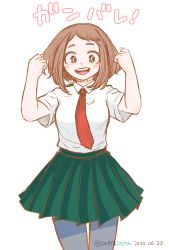 Rule 34 | 1girl, :d, blush, blush stickers, boku no hero academia, brown eyes, brown hair, buthikireta, clenched hands, collared shirt, commentary request, dated, green skirt, highres, looking at viewer, necktie, open mouth, pantyhose, pleated skirt, red necktie, school uniform, shirt, short hair, simple background, skirt, smile, solo, teeth, twitter username, u.a. school uniform, uraraka ochako, white background, white shirt