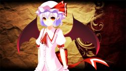 Rule 34 | 1girl, arms at sides, ascot, bat wings, blouse, bow, buttons, cowboy shot, dress, frilled dress, frilled shirt, frills, gradient eyes, hair between eyes, hat, hat bow, highres, junior27016, large bow, looking at viewer, mob cap, multicolored background, multicolored eyes, pink dress, pink shirt, pink skirt, pointy ears, puffy sleeves, purple hair, red eyes, remilia scarlet, ribbon, shirt, short sleeves, skirt, skirt set, smile, solo, standing, touhou, wings, wrist cuffs, wristband