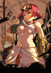 Rule 34 | 1boy, 1girl, blurry, blurry background, breasts, bright pupils, brown hair, canteen, clothes lift, commentary request, commission, crop top, gloves, goggles, goggles on head, green gloves, grey eyes, highres, holding, inagata, indoors, japanese clothes, kimono, koutetsujou no kabaneri, large breasts, lever, long sleeves, low ponytail, navel, parted lips, purple kimono, red eyes, red hair, red scarf, scarf, shirt, shirt lift, short hair, short ponytail, sidelighting, skirt, solo focus, spit take, spitting, stomach, sukari (kabaneri), sweat, toned, train interior, v-shaped eyebrows, white pupils, white shirt, white skirt, wiping sweat, yukina (kabaneri)