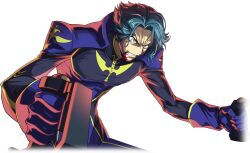 Rule 34 | 1boy, angry, artist request, backlighting, blue bodysuit, blue gloves, blue hair, bodysuit, clenched teeth, code geass, code geass: lost stories, constricted pupils, controller, forehead, foreshortening, furrowed brow, game cg, gloves, gold trim, hair intakes, highres, jeremiah gottwald, joystick, leaning forward, male focus, non-web source, official art, orange eyes, short hair, simple background, sitting, solo, teeth, transparent background, two-tone bodysuit, upper body, v-shaped eyebrows, wide-eyed