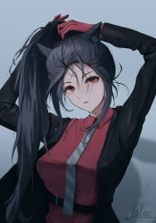 Rule 34 | 1girl, adjusting hair, animal ear fluff, animal ears, arknights, arms up, black hair, black jacket, brown eyes, gloves, grey necktie, hair between eyes, head tilt, highres, jacket, long hair, looking at viewer, necktie, official alternate costume, open clothes, open jacket, parted lips, red gloves, red shirt, shadow, shirt, sidelocks, signature, solo, texas (arknights), texas (willpower) (arknights), the other lilac, upper body, wolf ears