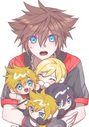 Rule 34 | 2girls, 3boys, absurdres, black coat, black gloves, black shirt, blue eyes, blush, chain necklace, closed eyes, coat, fingerless gloves, gloves, gongju s2, highres, jewelry, kingdom hearts, kingdom hearts 358/2 days, kingdom hearts birth by sleep, kingdom hearts ii, mini person, miniboy, minigirl, multiple boys, multiple girls, namine, necklace, open mouth, roxas, shirt, simple background, size difference, sweatdrop, tongue, ventus (kingdom hearts), white shirt, xion (kingdom hearts)