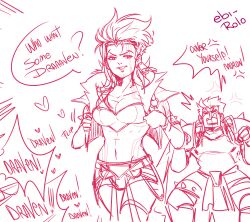 Rule 34 | 1boy, 1girl, absurdres, armor, breasts, brother and sister, character name, cleavage, darius (league of legends), draven, elbow gloves, english text, fur-trimmed jacket, fur trim, genderswap, genderswap (mtf), gloves, heart, highres, jacket, large breasts, league of legends, long hair, navel, open clothes, open jacket, pants, rolo&#039;s art, shoulder plates, siblings, speech bubble, stomach, teeth, white background
