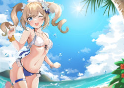 Rule 34 | 1girl, ;d, absurdres, aqua nails, bangle, barbara (genshin impact), bare arms, bare shoulders, beach, bikini, blonde hair, blue bikini, blue eyes, blue sky, blush, bracelet, breasts, clear sky, cloud, cloudy sky, cross, cross necklace, day, drill hair, flower, frilled bikini, frills, front-tie top, genshin impact, hair flower, hair ornament, halterneck, hand up, hat, highres, jewelry, long hair, looking at viewer, medium breasts, nail polish, navel, necklace, ocean, one eye closed, open mouth, outdoors, palm tree, ringlets, sky, smile, solo, stomach, sun, sunlight, swimsuit, teeth, thigh strap, thighs, tree, twin drills, upper teeth only, water, water drop, wet, white bikini, white flower, wrist cuffs, yashita saki