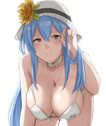 Rule 34 | 1girl, bare shoulders, bikini, blue hair, blush, breasts, cleavage, collarbone, cyka, dp-12 (girls&#039; frontline), dp-12 (morning fable) (girls&#039; frontline), flower hat, girls&#039; frontline, grey eyes, hand in own hair, hat, highres, huge breasts, jewelry, large breasts, leaning forward, long hair, looking at viewer, necklace, solo, swimsuit, white background, white bikini, white hat