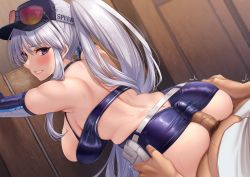 Rule 34 | absurdres, ass, azur lane, back cutout, bare shoulders, bent over, blush, breasts, buttjob, buttjob under clothes, clothes lift, clothing cutout, detached sleeves, dress, elbow gloves, enterprise (anniversary ride) (azur lane), enterprise (azur lane), enterprise (wind catcher) (azur lane), erection, from behind, glasses, gloves, hanging breasts, hat, highres, large breasts, leaning forward, looking back, momo no sukebe, penis, penis under another&#039;s clothes, ponytail, purple eyes, sexually suggestive, skin tight, skindentation, skirt, skirt lift, sleeveless, sleeveless dress, thigh grab, thighs, white hair