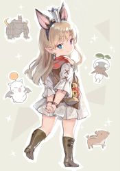 Rule 34 | 10s, 1girl, alexander (final fantasy), animal ears, arms behind back, bag, boots, brown hair, crown, dress, earrings, fake animal ears, final fantasy, final fantasy xiv, from behind, hairband, heterochromia, highres, jewelry, knee boots, lalafell, long hair, looking back, mandragora (final fantasy), momoko (momopoco), moogle, pointy ears, smile, v arms, walking, warrior of light (ff14)