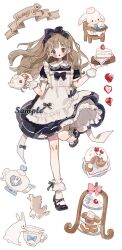Rule 34 | 1girl, :o, ankle cuffs, apron, back bow, banner, black bow, black dress, black footwear, blush stickers, bow, bow legwear, bow print, brown eyes, brown eyeshadow, brown hair, cake, cake slice, circle skirt, cross-laced footwear, cup, dessert, dress, english text, eyelashes, food, frilled apron, frilled dress, frilled sleeves, frills, fruit, full body, hair bow, heart, high chair, high heels, highres, holding, holding food, holding plate, holding teapot, lace-trimmed apron, lace trim, leg up, long hair, maid, open mouth, original, plate, pocket, pom pom (clothes), puffy short sleeves, puffy sleeves, pumps, putong xiao gou, rabbit, sample watermark, short dress, short sleeves, socks, solo, strawberry, strawberry slice, teacup, teapot, watermark, white apron, white background, white bow, white socks, white wrist cuffs, wrist cuffs