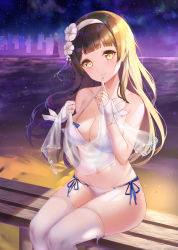 Rule 34 | 1girl, absurdres, bad id, bad pixiv id, beach, bikini, black hair, blush, breasts, cleavage, closed mouth, finger to mouth, flower, girls&#039; frontline, gloves, hair flower, hair ornament, hairband, highres, large breasts, long hair, looking at viewer, meliyannn, night, official alternate costume, shushing, side-tie bikini bottom, sitting, sky, smile, solo, star (sky), starry sky, string bikini, swimsuit, thighhighs, type 95 (girls&#039; frontline), type 95 (summer cicada) (girls&#039; frontline), very long hair, wet, white bikini, white gloves, white hairband, white thighhighs, yellow eyes