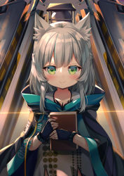 Rule 34 | 1girl, absurdres, aged down, animal ear fluff, animal ears, arknights, black cloak, black gloves, blush, book, cloak, closed mouth, collarbone, commentary, dress, fingerless gloves, gloves, green eyes, grey hair, highres, holding, holding book, hood, hood down, hooded cloak, ikazu401, long hair, looking at viewer, rosmontis (arknights), smile, solo, upper body, white dress