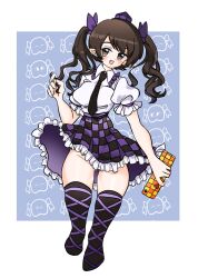 Rule 34 | 1girl, arm up, black necktie, black skirt, black thighhighs, blue background, blush, border, bow, breasts, brown eyes, brown hair, cellphone, checkered clothes, checkered skirt, chibi, chibi inset, collared shirt, cropped, fang, fang out, frilled skirt, frilled sleeves, frills, gao wanwan, groin, hair bow, hat, heart, high-waist skirt, highres, himekaidou hatate, holding, holding phone, leg ribbon, looking at viewer, medium breasts, miniskirt, necktie, no panties, open mouth, phone, pointy ears, puffy short sleeves, puffy sleeves, purple bow, purple hat, purple ribbon, purple skirt, ribbon, shirt, short hair, short sleeves, skirt, smile, solo, thighhighs, thighs, tokin hat, touhou, twirling hair, two side up, white border, white shirt