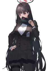 Rule 34 | 1girl, absurdres, black hair, black halo, black jacket, black pantyhose, black skirt, blazer, blue archive, commentary, covering own mouth, hair ornament, hairclip, halo, hand on own hip, highres, jacket, long hair, long sleeves, looking at viewer, ne.corn, pantyhose, pleated skirt, red eyes, rio (blue archive), simple background, skirt, solo, very long hair, watch, white background