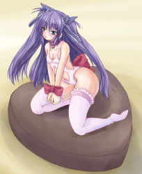 Rule 34 | 1girl, bdsm, bell, blue eyes, bondage, bound, casual one-piece swimsuit, collar, jingle bell, kneeling, little busters!, long hair, navel, one-piece swimsuit, purple hair, sasasegawa sasami, solo, swimsuit, thighhighs, twintails, two side up, yo-jin